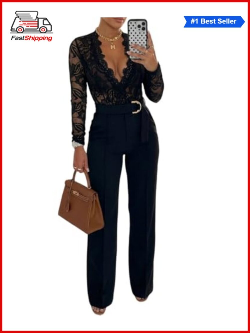 ✨ CHICME Floral Lace Jumpsuit Deep V Neck Belted Long Sleeve